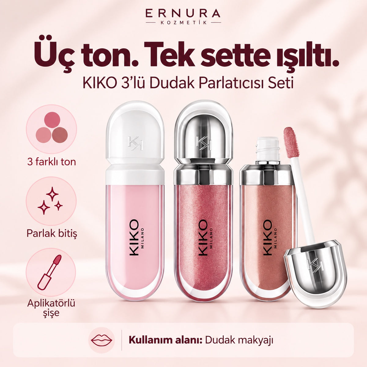 KIKO 3’lü Dudak Parlatıcısı Seti – ürün özellikleri