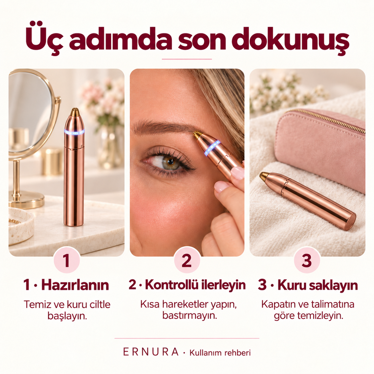 Kaş tüy alma aleti için üç adımlı kullanım rehberi