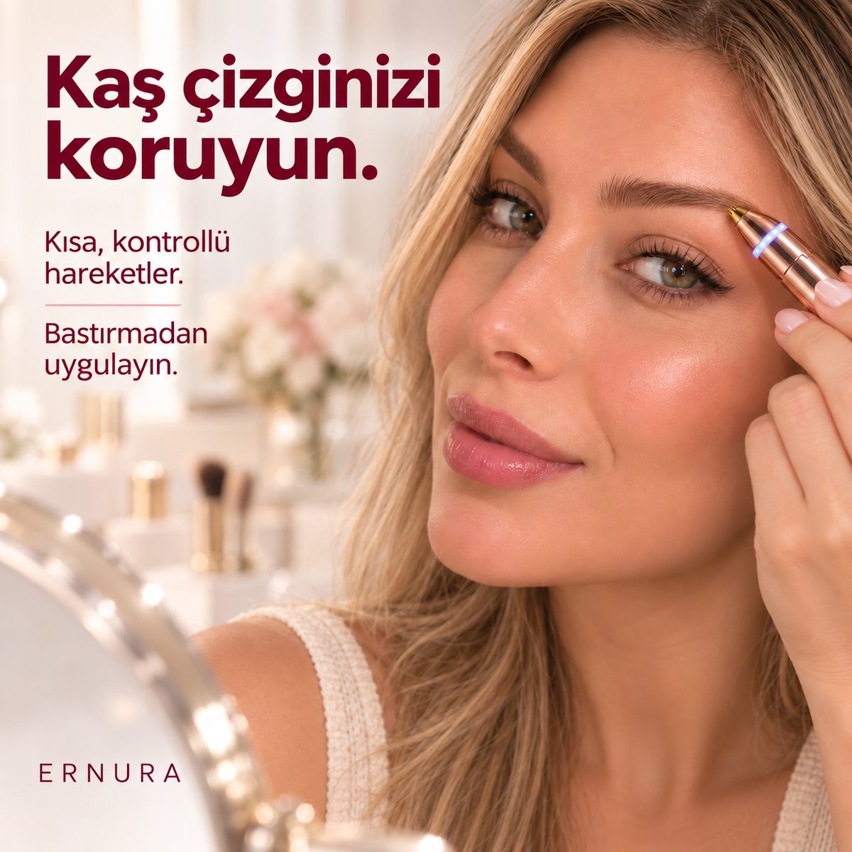 Ernura modeliyle kaş çevresinde kalem tipi tüy alma aletinin kullanımı