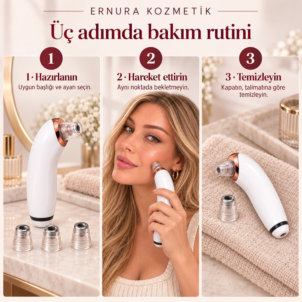 Vakumlu yüz bakım aleti üç adımda kullanım